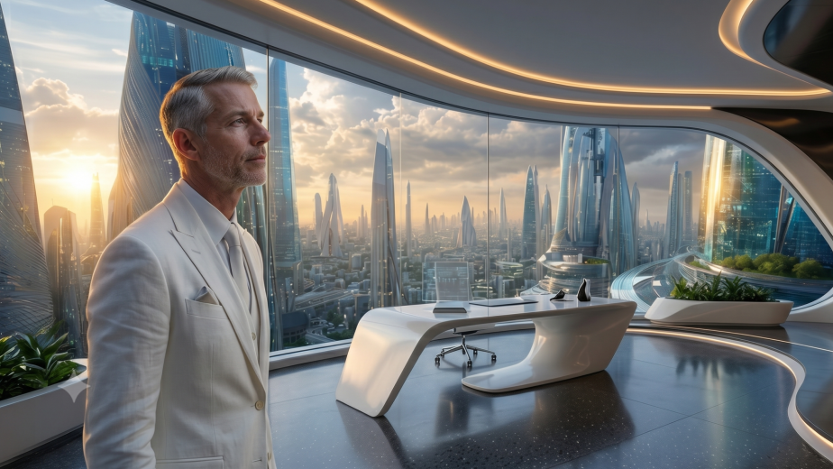 Abogado del futuro en su oficina con mirada reflexiva