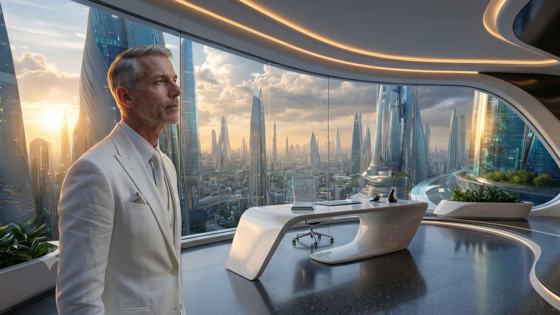Abogado del futuro en su oficina con mirada reflexiva